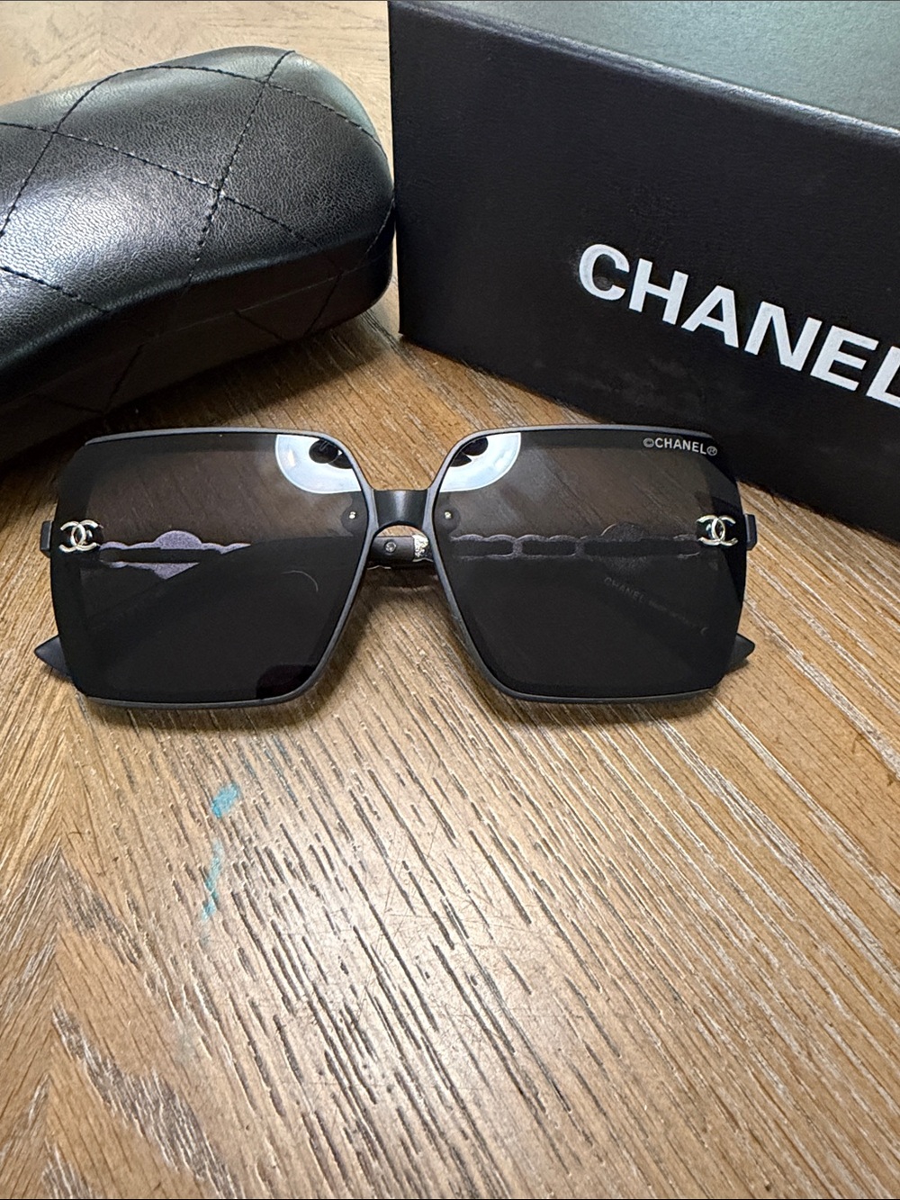 CHANEL Black & Silver Oversized Square Sunglasses with CC Logo - Picture 3 of 10